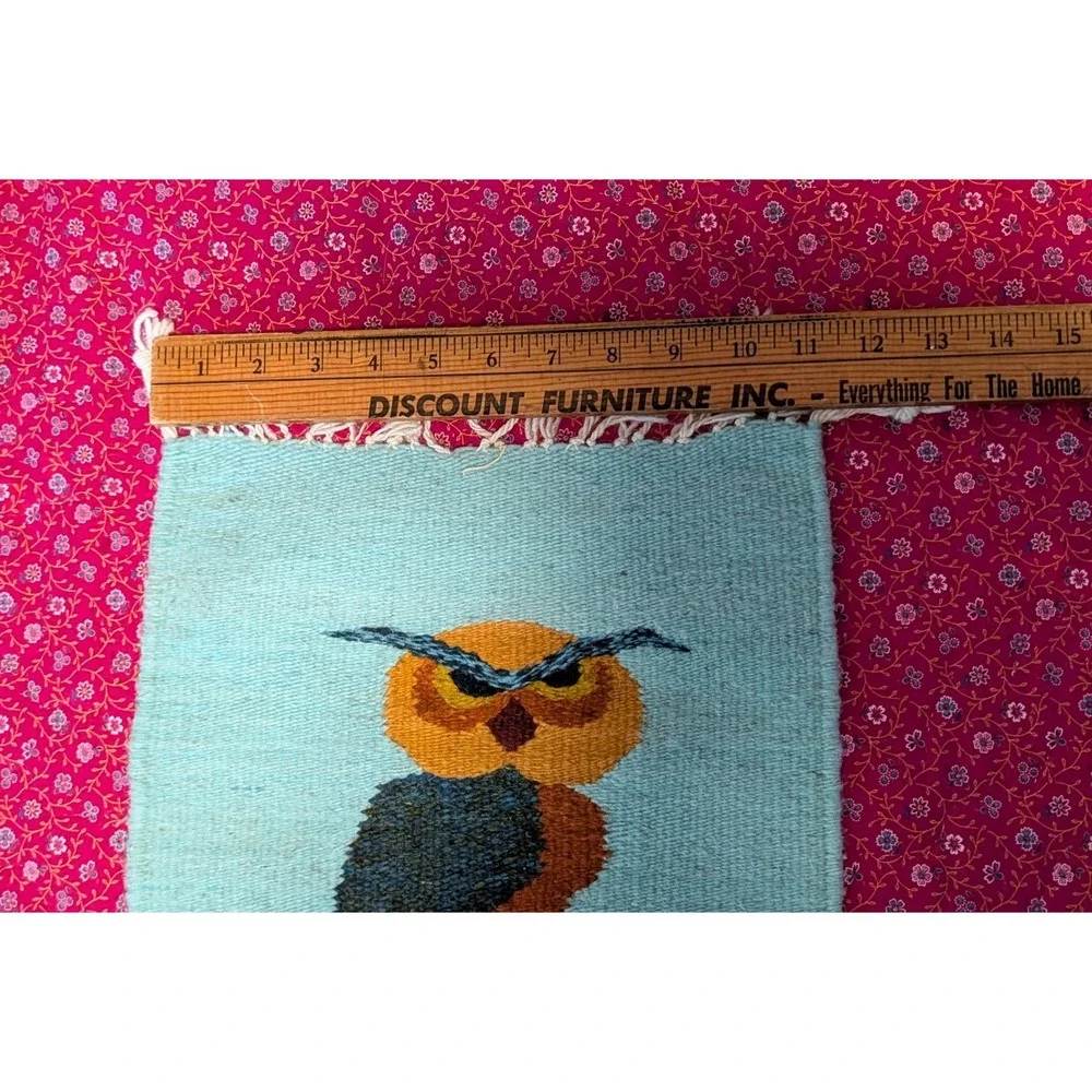 Hand Woven Wool Owl Tapestry Wall Hanging Tapestry Fiber Art Turquoise Boho MCM‎